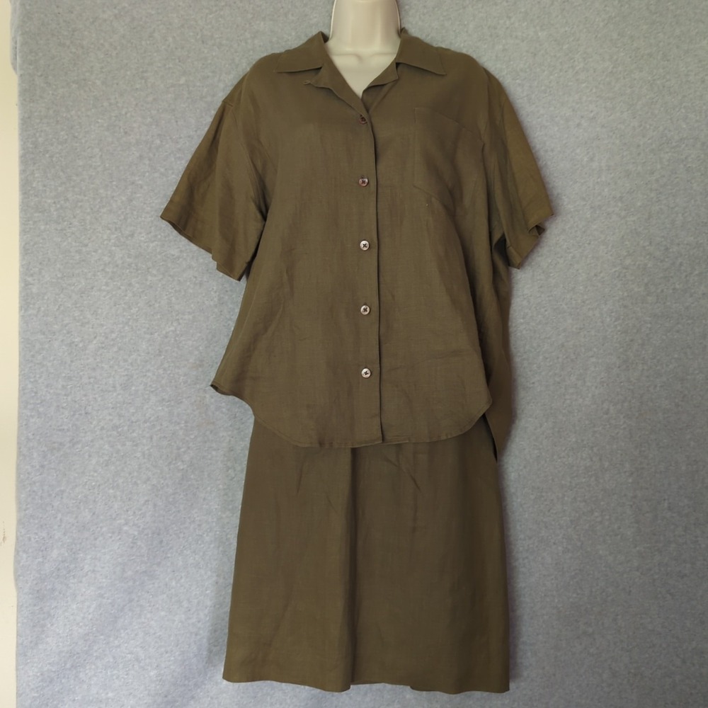 Nordstrom Olive Top (10) Skirt (12) Set Linen Lagenlook Artsy Blouse Sz L Career
